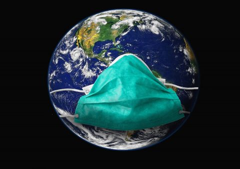 Earth with a face mask on it