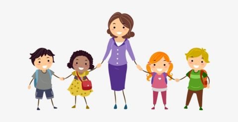 Art of a teacher holding hand with her students